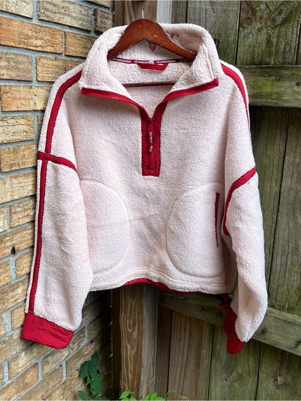 FP Movement by Free People Cream Sherpa Half-Zip Pullover with Red Trim
